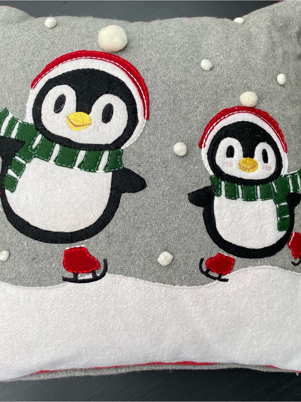 Penguins Skating Holiday Appliqué Pillow Cover, Gray,White,Red,Green 20x20